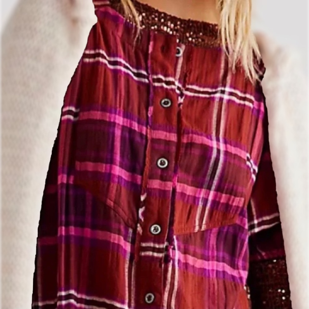 Free People Outlaw Boho Plaid Maxi Top Midi Dress Size: Large - Picture 3 of 12